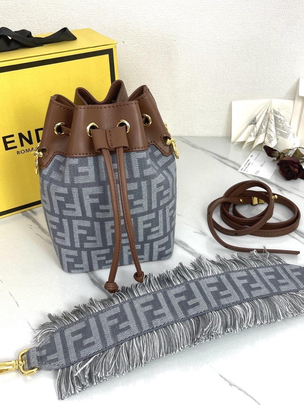 Fendi Mini Bucket Bag in Denim Blue and Brown